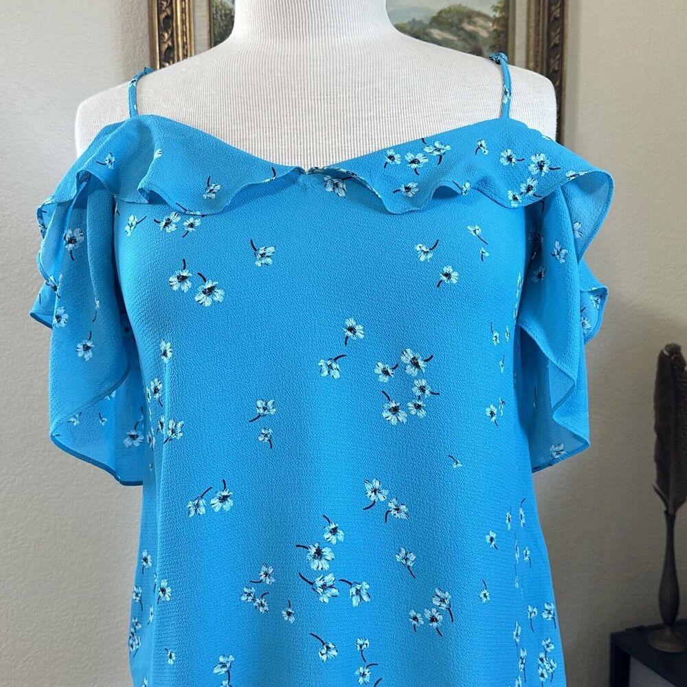 CeCe Women's Blue Teal Blouse Drapy Cold Shoulder Short Sleeve Top Sz XS - Picture 2 of 8